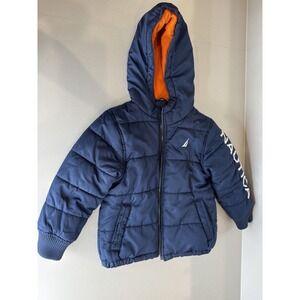 Nautica Boys Navy Blue Puffer Jacket Orange Fleece Lined Hooded 3T NSFD M09D-416